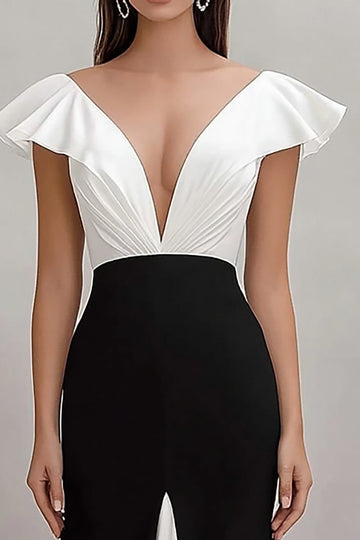 Black White A Line Ruffled V Neck Cap Sleeves Long Formal Dress